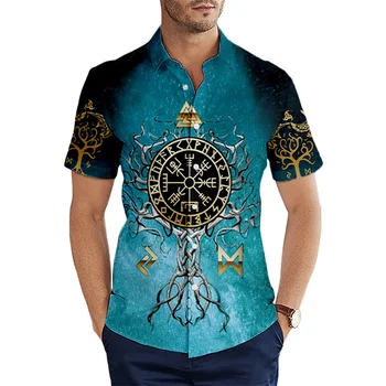 Брендовая одежда 2023, Летние Рубашки с коротким рукавом, Скандинавское Древо Жизни, Татуировка, Гавайская рубашка с 3D Принтом, Мужская Повседневная рубашка В стиле Харадзюку