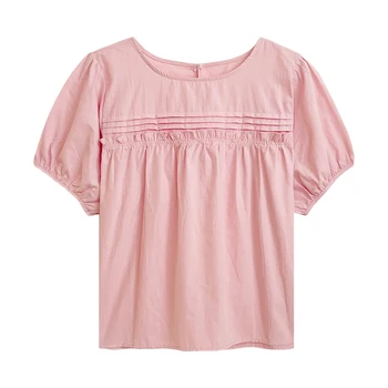 Однотонная летняя тонкая плиссированная рубашка свободного покроя из промытого хлопка с пышными рукавами