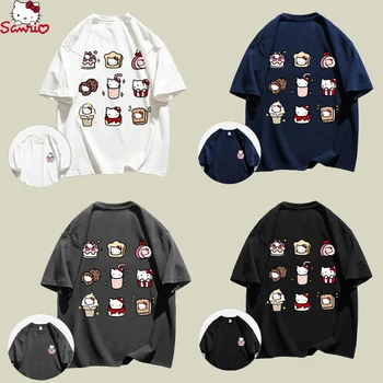 Хлопковая футболка с рисунком Аниме Sanrio Kawaii Hello Kitty Cinnamoroll 2023, Новые Летние Повседневные Модные Свободные топы с короткими рукавами и героями мультфильмов для девочек